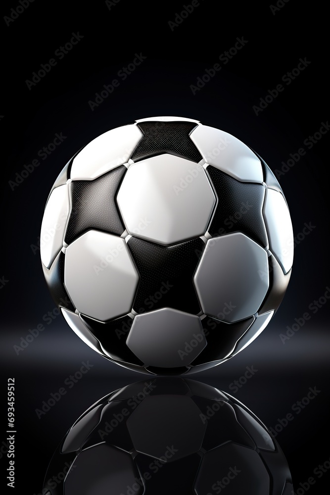 Illustration of a classic black and white soccer ball with dramatic lighting, emphasizing the iconic hexagon and pentagon pattern