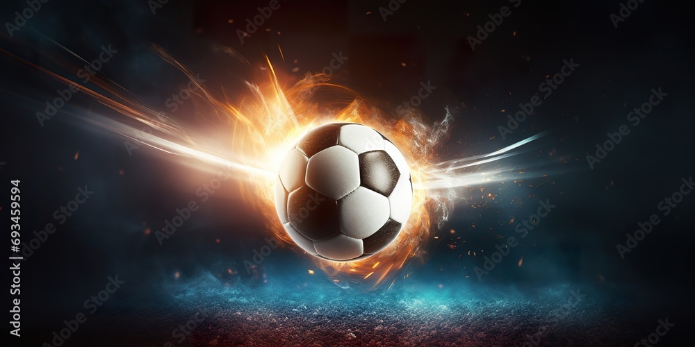 Illustration of a glowing soccer ball flying towards the goal with a trail of light, depicting a high-stakes penalty kick - obrazy, fototapety, plakaty 