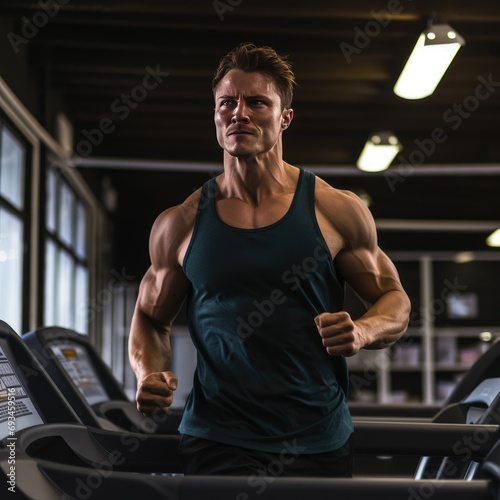 Australian gym guy, muscly, running on treadmill in the gym. Generative AI