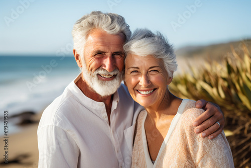 Happy elderly couple hugging on the ocean photo