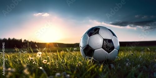 Image of a classic black and white soccer ball on a grass field with the sun setting in the background, depicting the end of a day's play