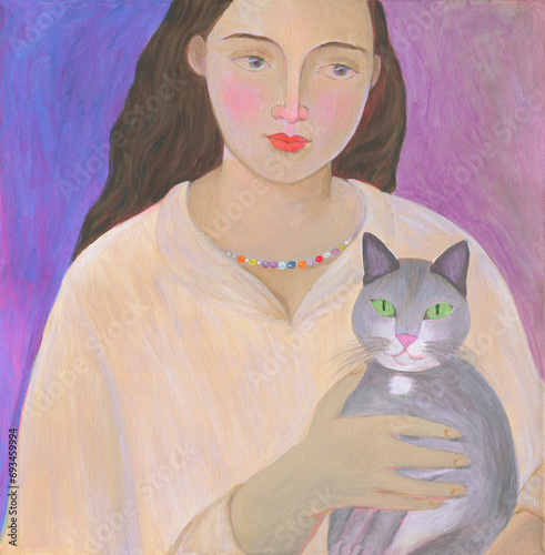 girl and cat. acrylic painting. illustration