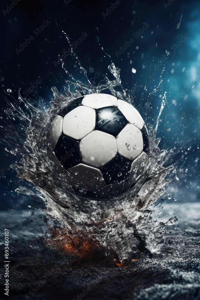 Naklejka premium Image of a soccer ball making a splash in a puddle on the field, symbolizing a game under rainy conditions with dramatic effect