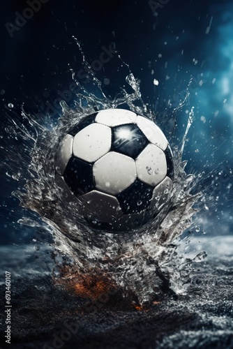 Image of a soccer ball making a splash in a puddle on the field, symbolizing a game under rainy conditions with dramatic effect © EOL STUDIOS