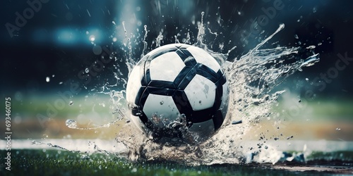Image of a soccer ball making a splash in a puddle on the field, symbolizing a game under rainy conditions with dramatic effect © EOL STUDIOS