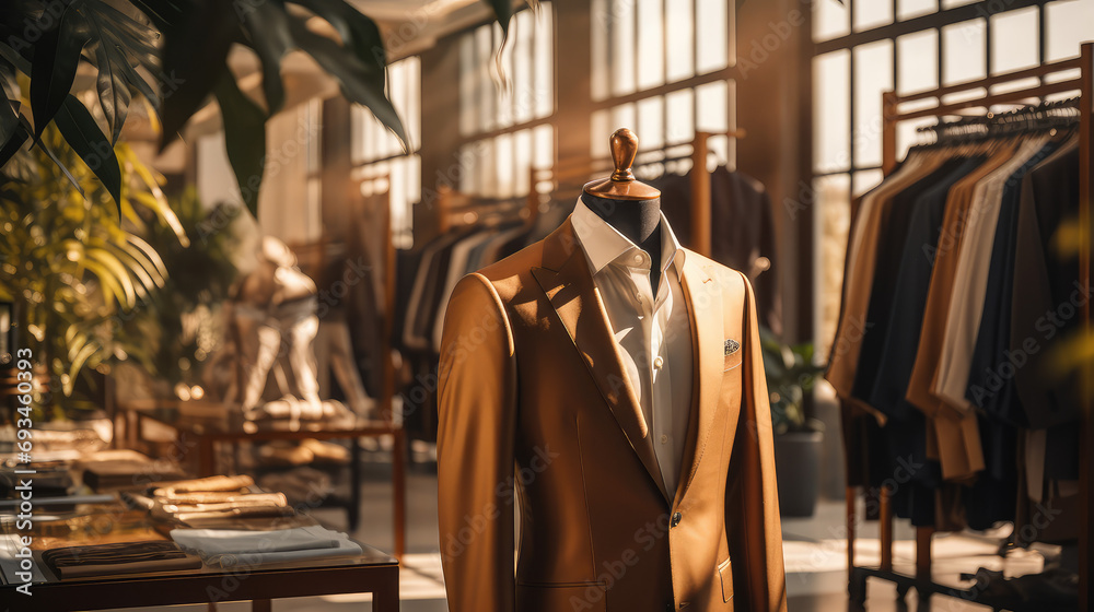 Clothing display with male brown luxurious suit, modern luxury man business clothing and suits store showroom, atelier for tailoring expensive jackets. - obrazy, fototapety, plakaty 