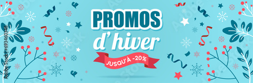 Promotions d'hiver - Bannière colorée pour les soldes ou les promos - Offre spéciale, pourcentage de remise éditable - Réduction, rabais, vente, annonce, shopping, communication, 