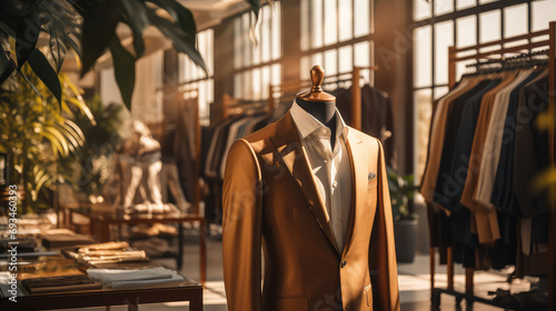 Clothing display with male brown luxurious suit, modern luxury man business clothing and suits store showroom, atelier for tailoring expensive jackets. photo