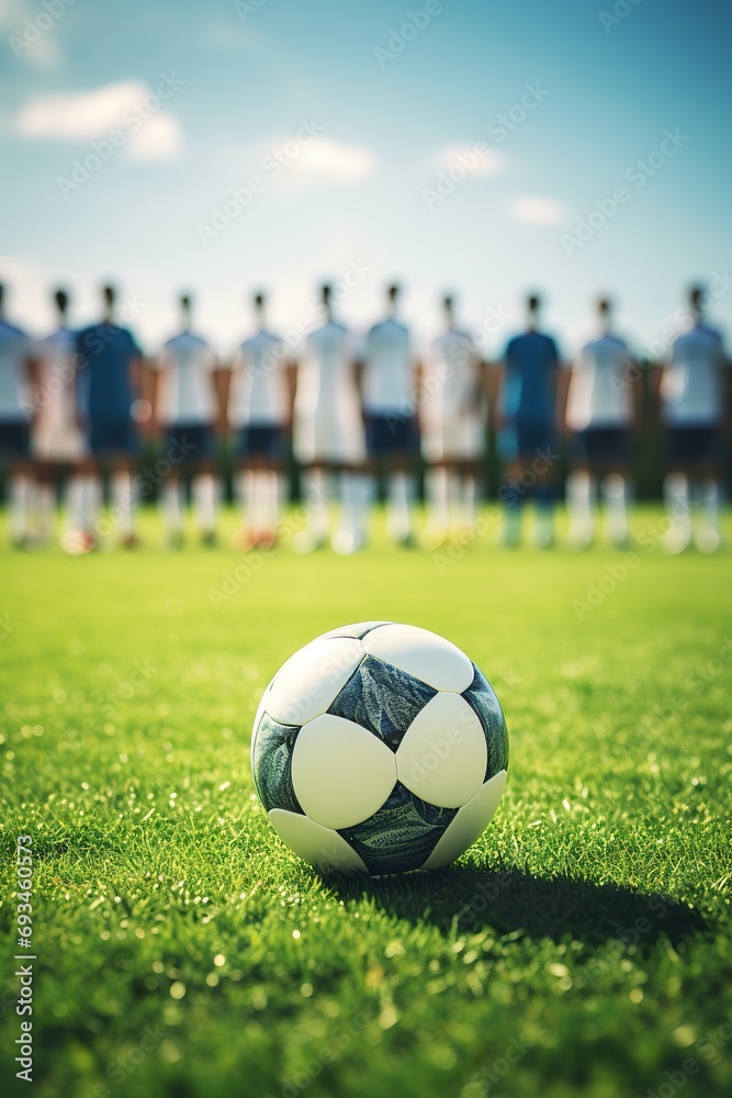 Photo of a soccer ball at the kickoff spot on a pristine field, with players lined up in the background, ready to start the game