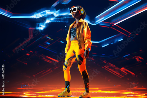 African woman in neon costume, glasses and neon shoes, in the style of futuristic pop, luminous color palette © Oksana