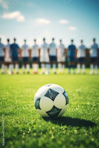 Photo of a soccer ball at the kickoff spot on a pristine field, with players lined up in the background, ready to start the game © EOL STUDIOS