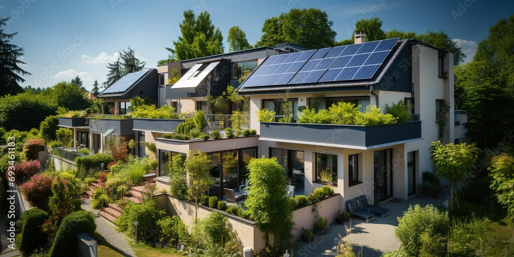 view of residential houses with photovoltaic solar panels, generative ai