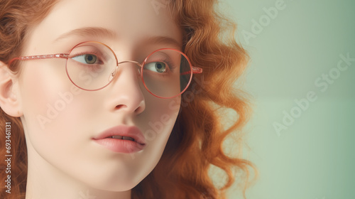 Close-up of a red hair young woman with glasses and green eyes. Her face and style express beauty, sensualit and personality. White background.