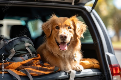 Cute dog sits in the back of the car ready for a holiday trip.by Generative AI
