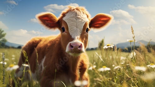 a brown and white baby cow on a farm