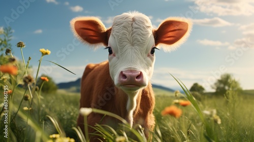 a brown and white baby cow on a farm
