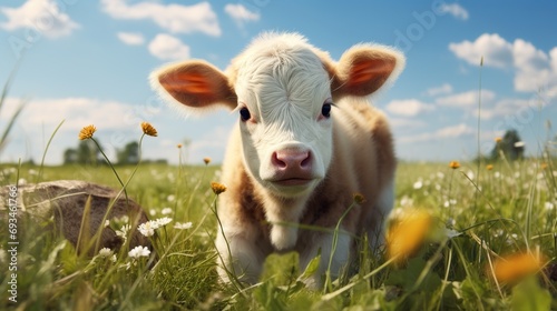 a brown and white baby cow on a farm