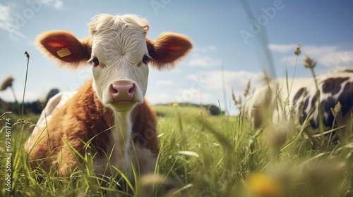 a brown and white baby cow on a farm