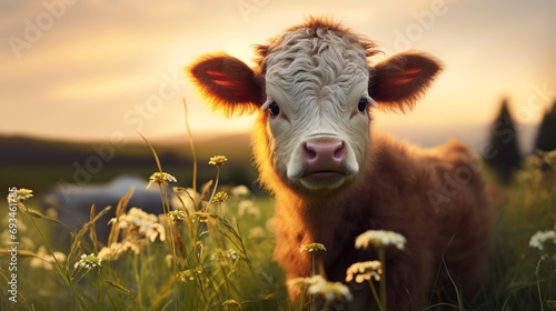a brown and white baby cow on a farm