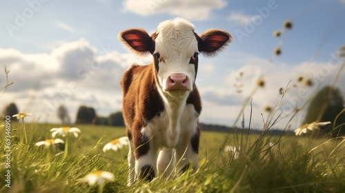 a brown and white baby cow on a farm © Samuel