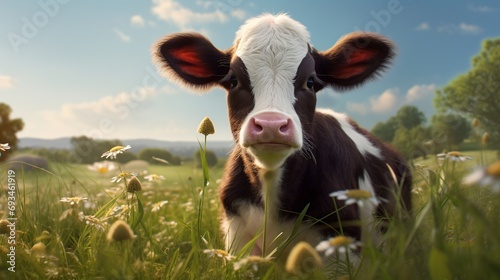 a brown and white baby cow on a farm
