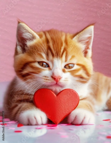 Cat or Kitten with a Heart - Valentine Concept or Romantic Greetings Card