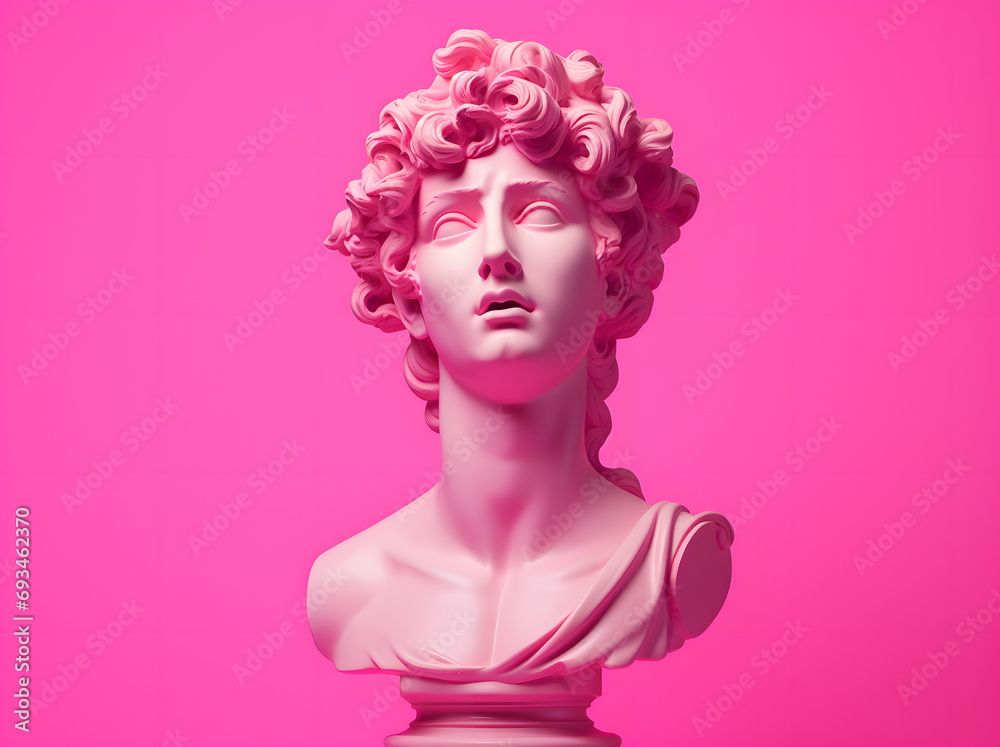 Pink antique human bust on pink background. 