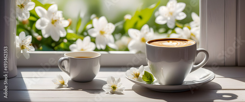 Two cups of coffee on a table by the window, spring scenery with white flowers. Generative Ai
 photo