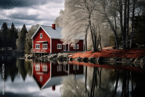 a red house reflects in a lake next to trees