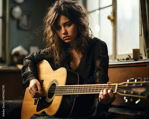 Young Sad woman sitting alone playing guitar