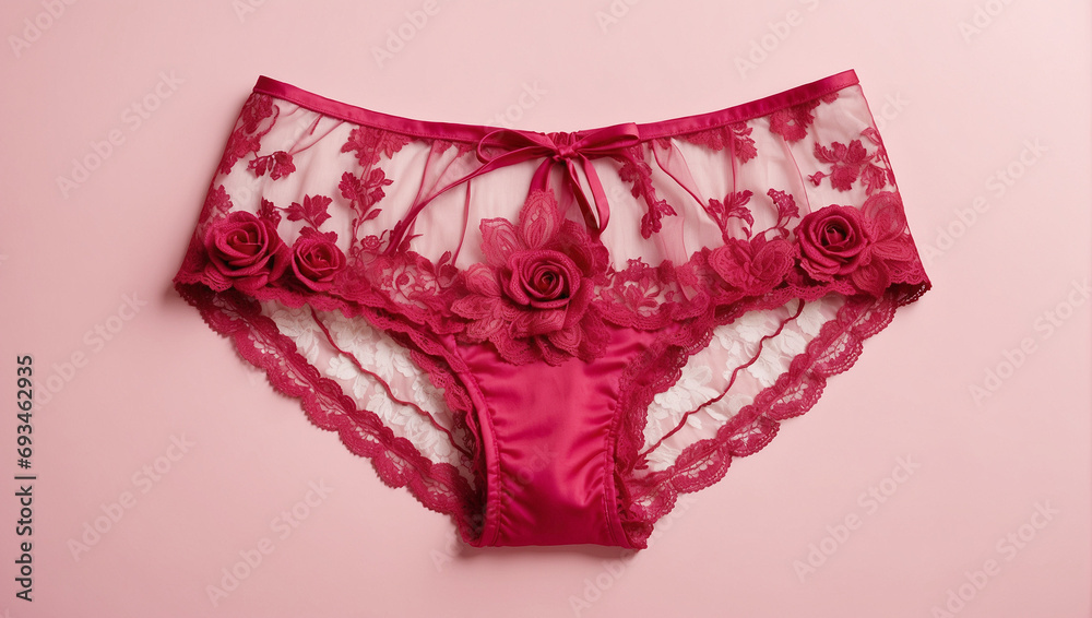 Red women's panties with lace isolated on pink background. Romantic lingerie for Valentine's Day Erotic concept. Red women's panties with lace isolated on pink background. Romantic lingerie for Valentine's Day Erotic concept.