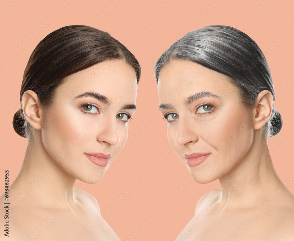 Natural aging, comparison. Portraits of woman in different ages on beige background Natural aging, comparison. Portraits of woman in different ages on beige background