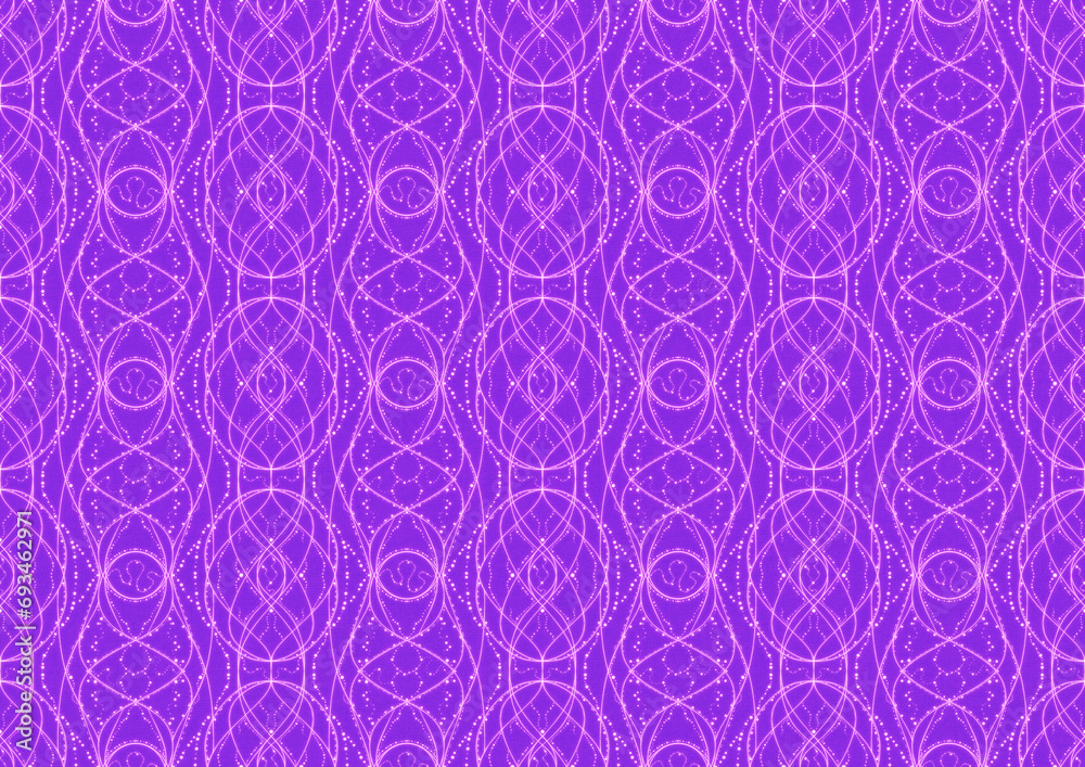 Hand-drawn abstract seamless ornament. Neon purple (proton purple) background and glowing pink pattern on it. Cloth texture. Digital artwork, A4. (pattern: p10-2c)