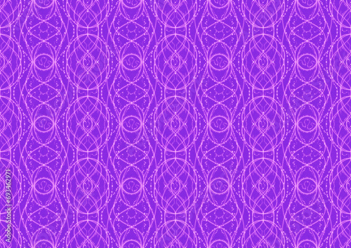 Hand-drawn abstract seamless ornament. Neon purple (proton purple) background and glowing pink pattern on it. Cloth texture. Digital artwork, A4. (pattern: p10-2c)