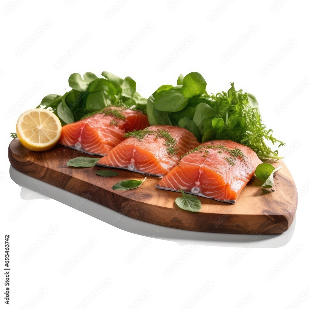 Salmon Slices on Wooden Board w Greens