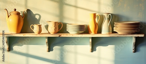 A sunlit vintage kitchen shelf with old pottery. photo