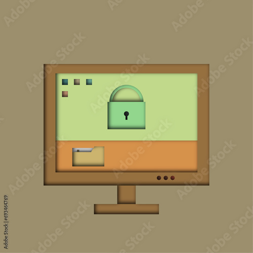 Paper cut office interior. Monitor and desktop with isolated background vector illustration photo