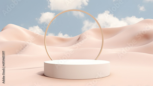 3d empty whround stage podium for presentation on cream desert background, Empty mockup showcase for cosmetic product promotion sale,Spa and beauty mockup.Podium in abstract white composition
