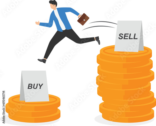 Sell high, buy low. Negative trend from the stock market or investment, financial strategy, decreasing Forex market. Modern vector illustration in flat style.

