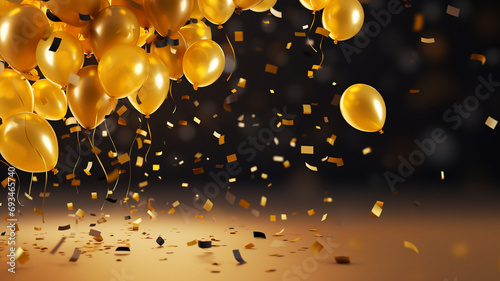 Gold foil party balloons on gold confetti background