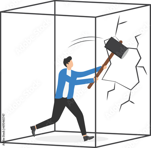 businessmen holding sledgehammer to break glass cube.break comfort zone, Flat vector illustration


