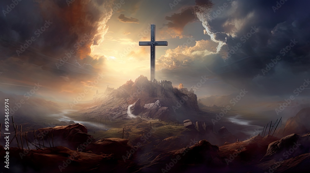 Silhouette Holy cross concept symbol on top mountain Resurrection background with sunlight - obrazy, fototapety, plakaty 
