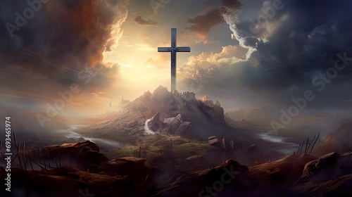 Silhouette Holy cross concept symbol on top mountain Resurrection background with sunlight © Wanda