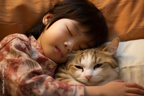 A small Asian boy sleeping next to a red kitten in bed, close-up. Living together with pets. Love for pets