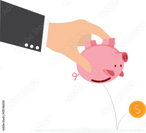 Frugality, savings for prosperity or financial success, building wealth or thrifty, budgeting or cutting spending to save money for future concept, money dollar coins drop into hand holding piggy bank