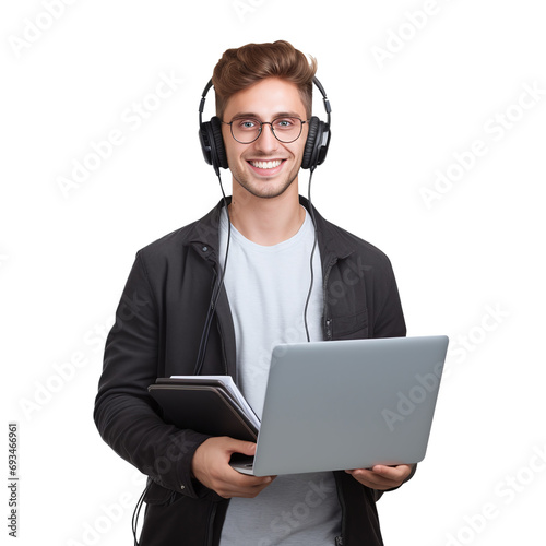 Smiling Young Man with Headphones Using Laptop and Holding Books on Transparent Background, PNG