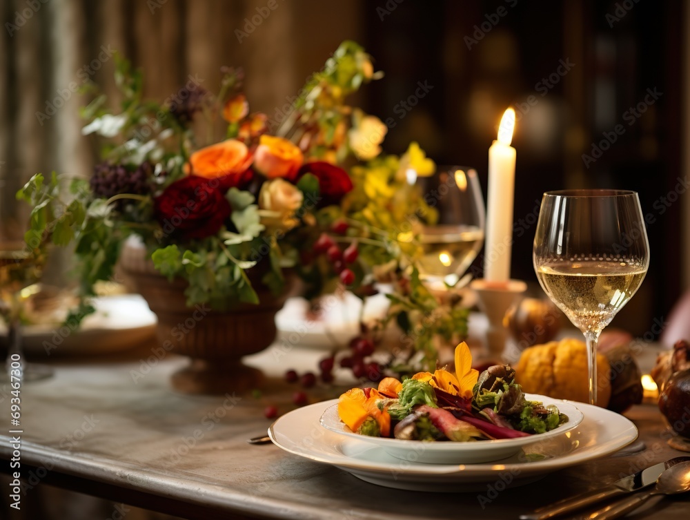 Dinner table setting for Thanksgiving dinner in a restaurant Traditional Thanksgiving turkey dinner.