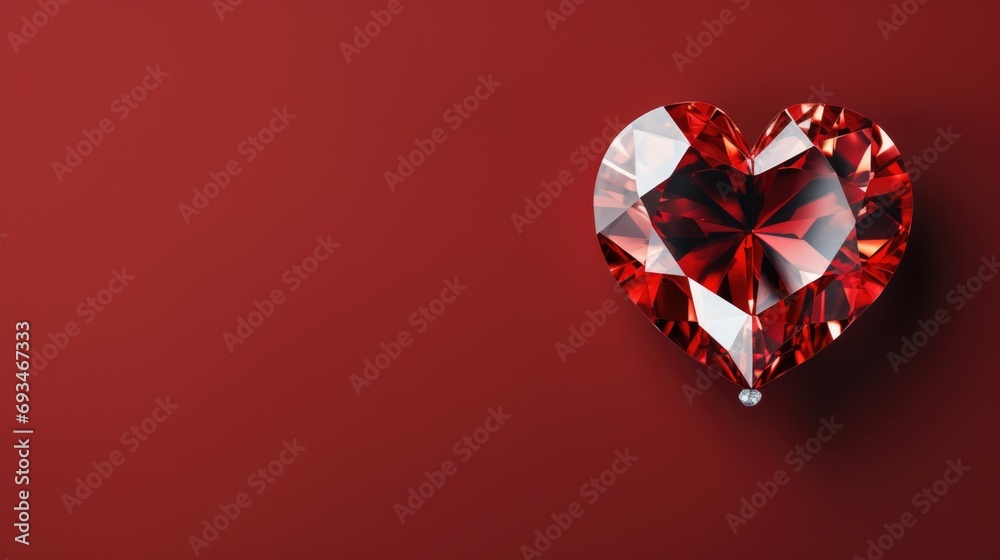 Ruby heart precious shining diamond crystal. Jewelry sparkles, gemstone design. Valentine's day red horizontal background with copy space, top view