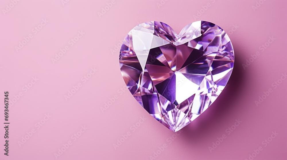 Fototapeta premium Heart shaped diamond purple on pink background. Valentines day and love jewelry concept. Horizontal banner with copy space for text