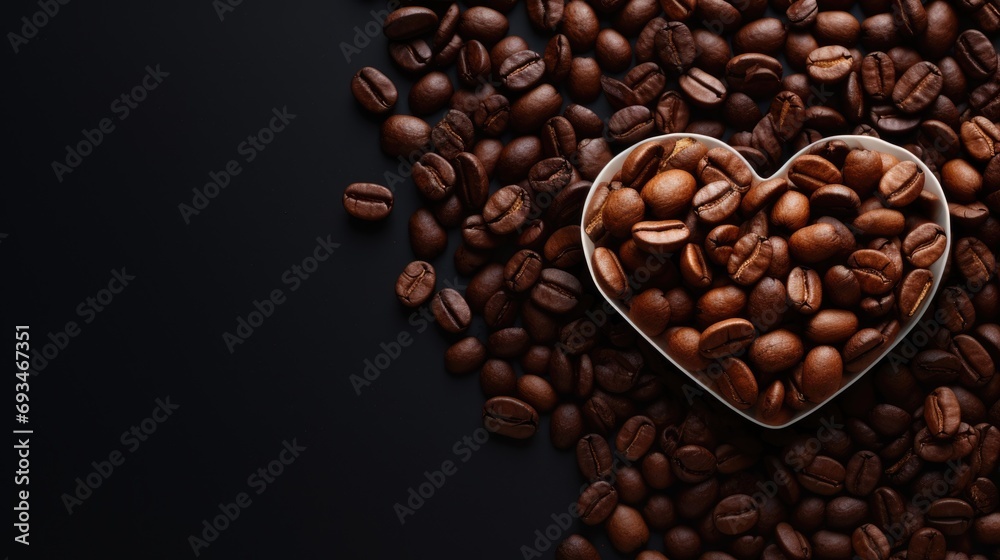 Obraz premium Coffee aromatic beans scattered and in a heart shaped bowl on a black background with copy space greeting card Valentine's day